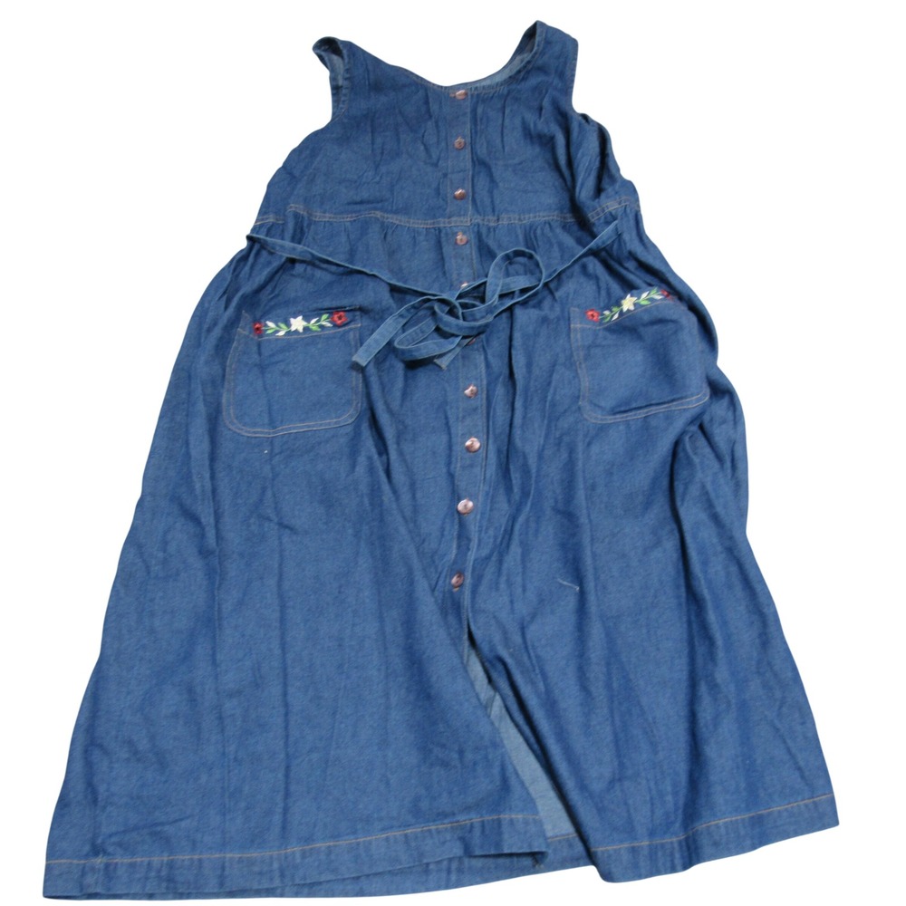 Comfort Corner Women 1X Blue Denim Embroidered Floral Button Front Jumper Dress
